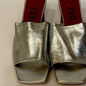 Zara Metallic Leather Mules Heels